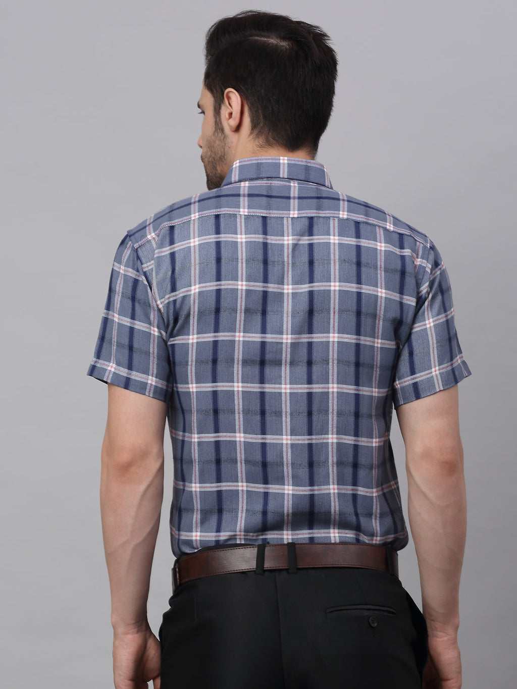 Jainish Men's Grey Half Sleeve Checked Formal Shirt | Grocsy