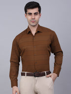 Jainish Men's Brown Horizontal Striped Formal Shirt | Grocsy