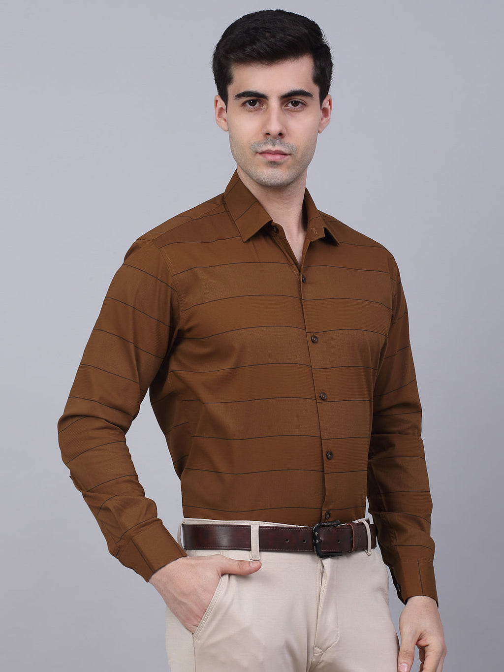 Jainish Men's Brown Horizontal Striped Formal Shirt | Grocsy