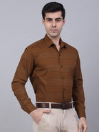Jainish Men's Brown Horizontal Striped Formal Shirt | Grocsy