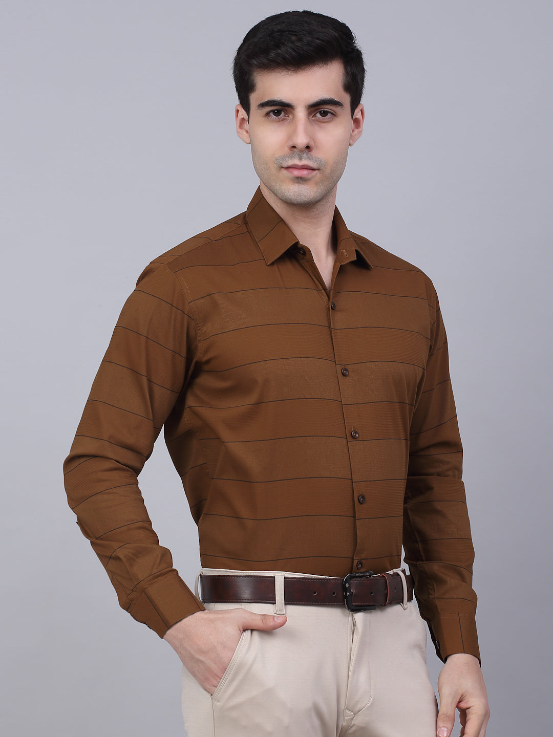 Jainish Men's Brown Horizontal Striped Formal Shirt | Grocsy