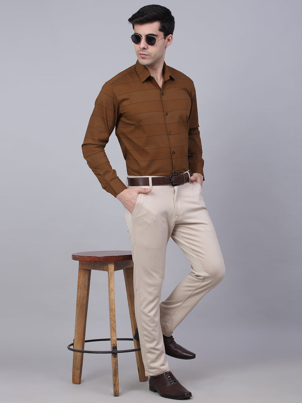 Jainish Men's Brown Horizontal Striped Formal Shirt | Grocsy