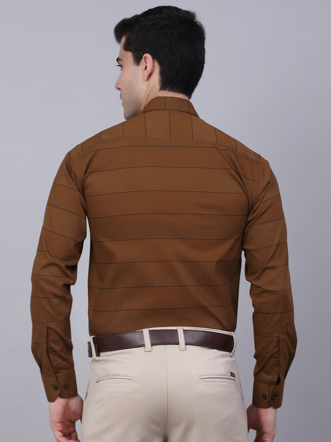 Jainish Men's Brown Horizontal Striped Formal Shirt | Grocsy