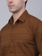 Jainish Men's Brown Horizontal Striped Formal Shirt | Grocsy