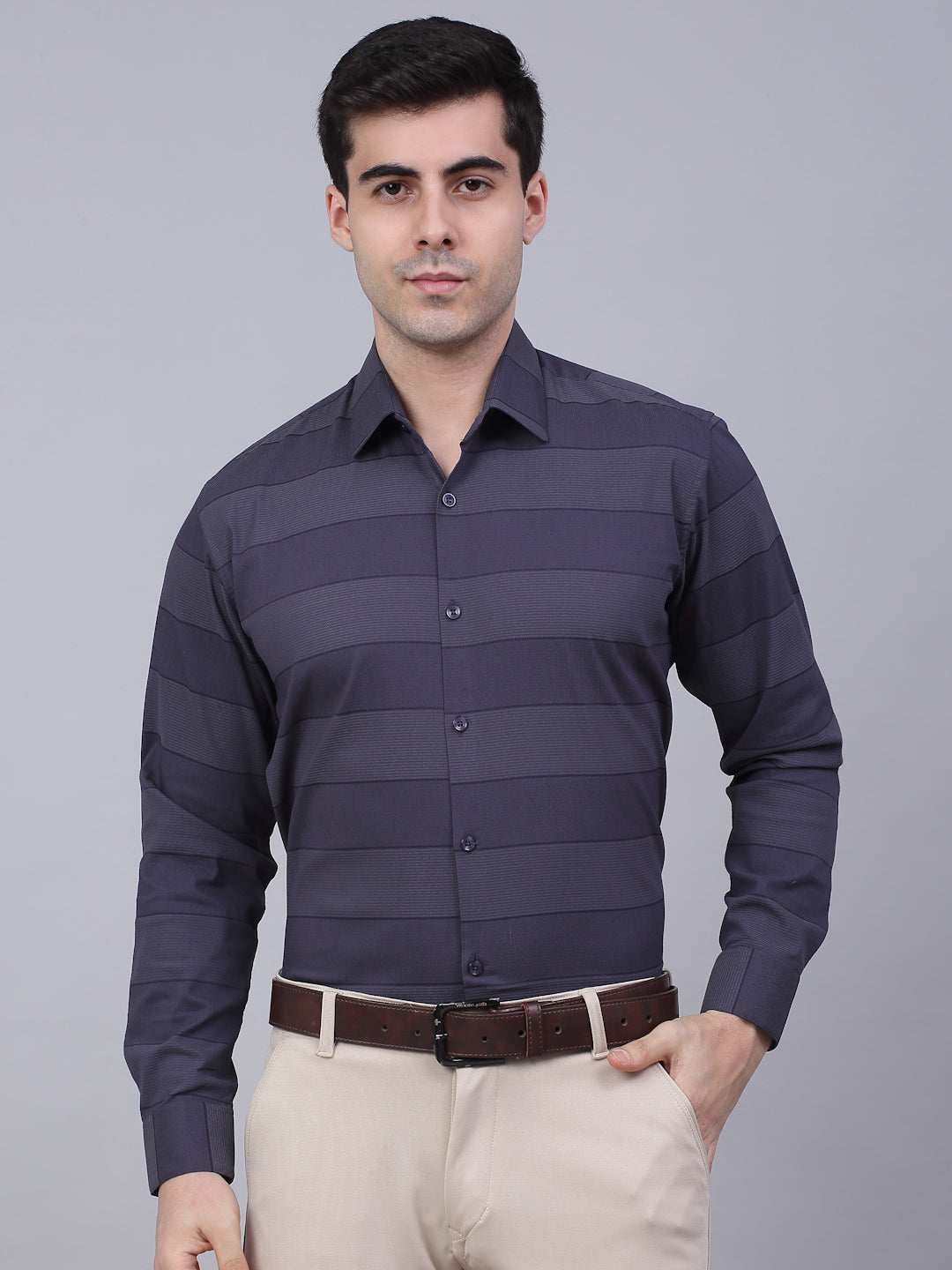 Jainish Men's Grey Horizontal Striped Formal Shirt | Grocsy
