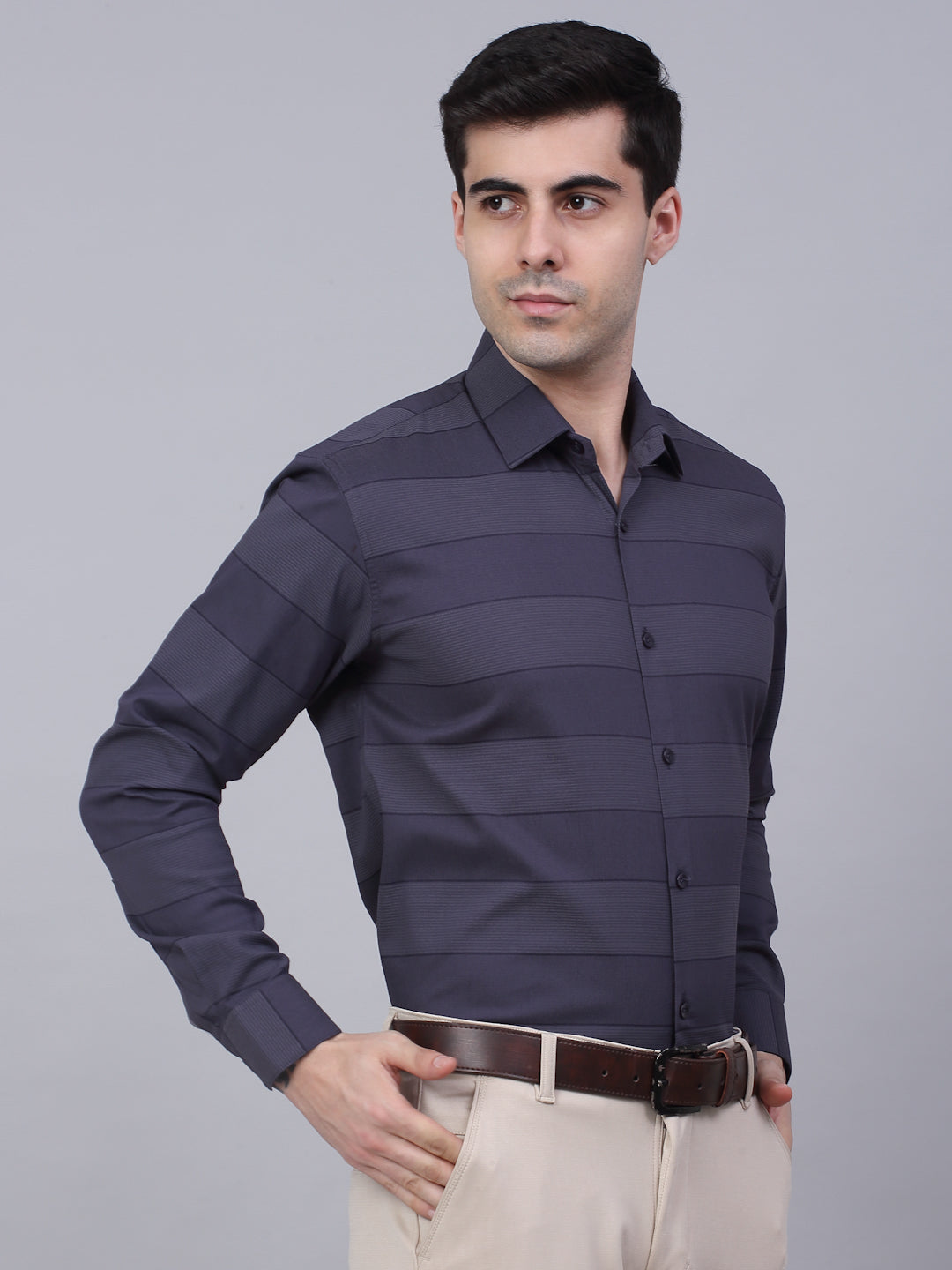 Jainish Men's Grey Horizontal Striped Formal Shirt | Grocsy