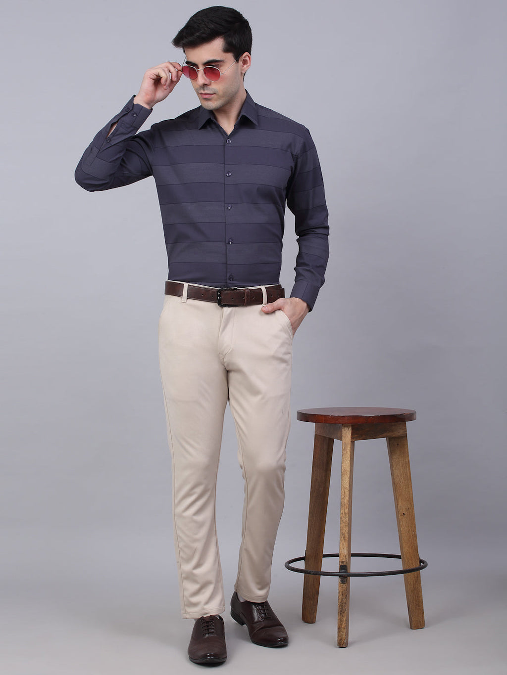 Jainish Men's Grey Horizontal Striped Formal Shirt | Grocsy