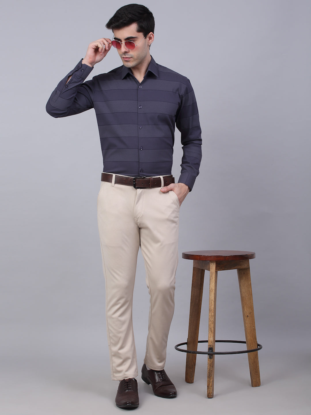 Jainish Men's Grey Horizontal Striped Formal Shirt | Grocsy