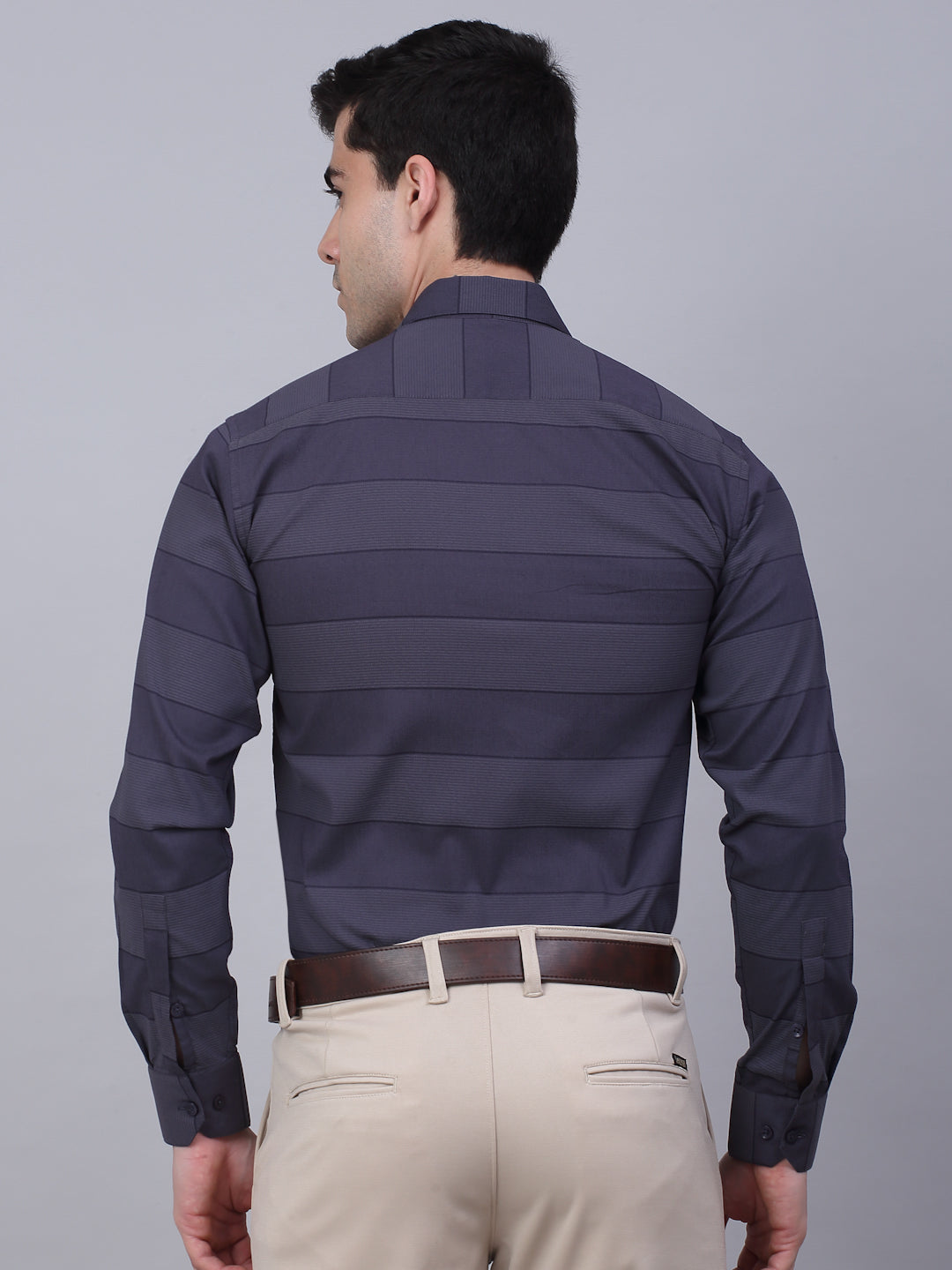 Jainish Men's Grey Horizontal Striped Formal Shirt | Grocsy