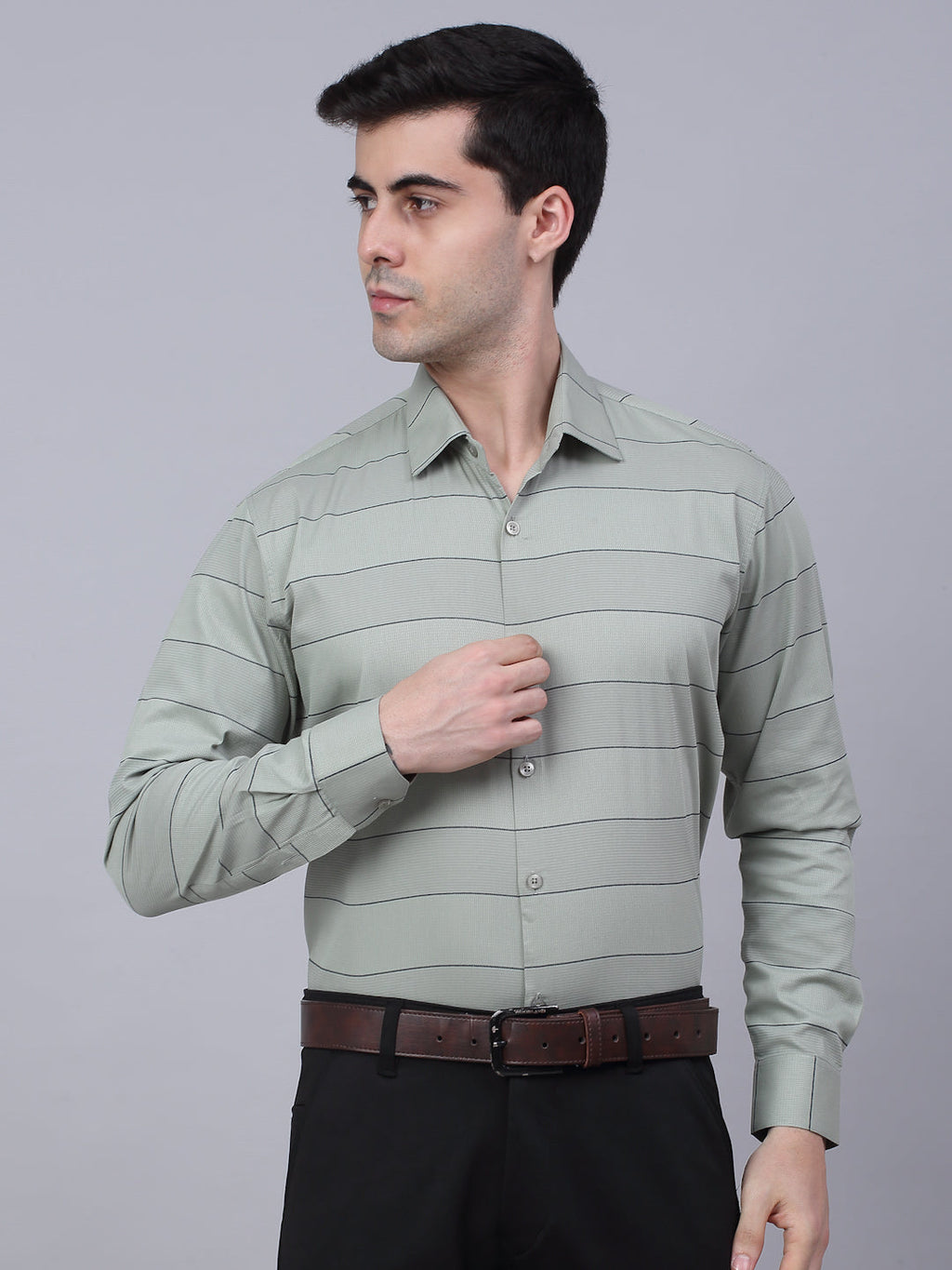 Jainish Men's Pista Green Horizontal Striped Formal Shirt | Grocsy