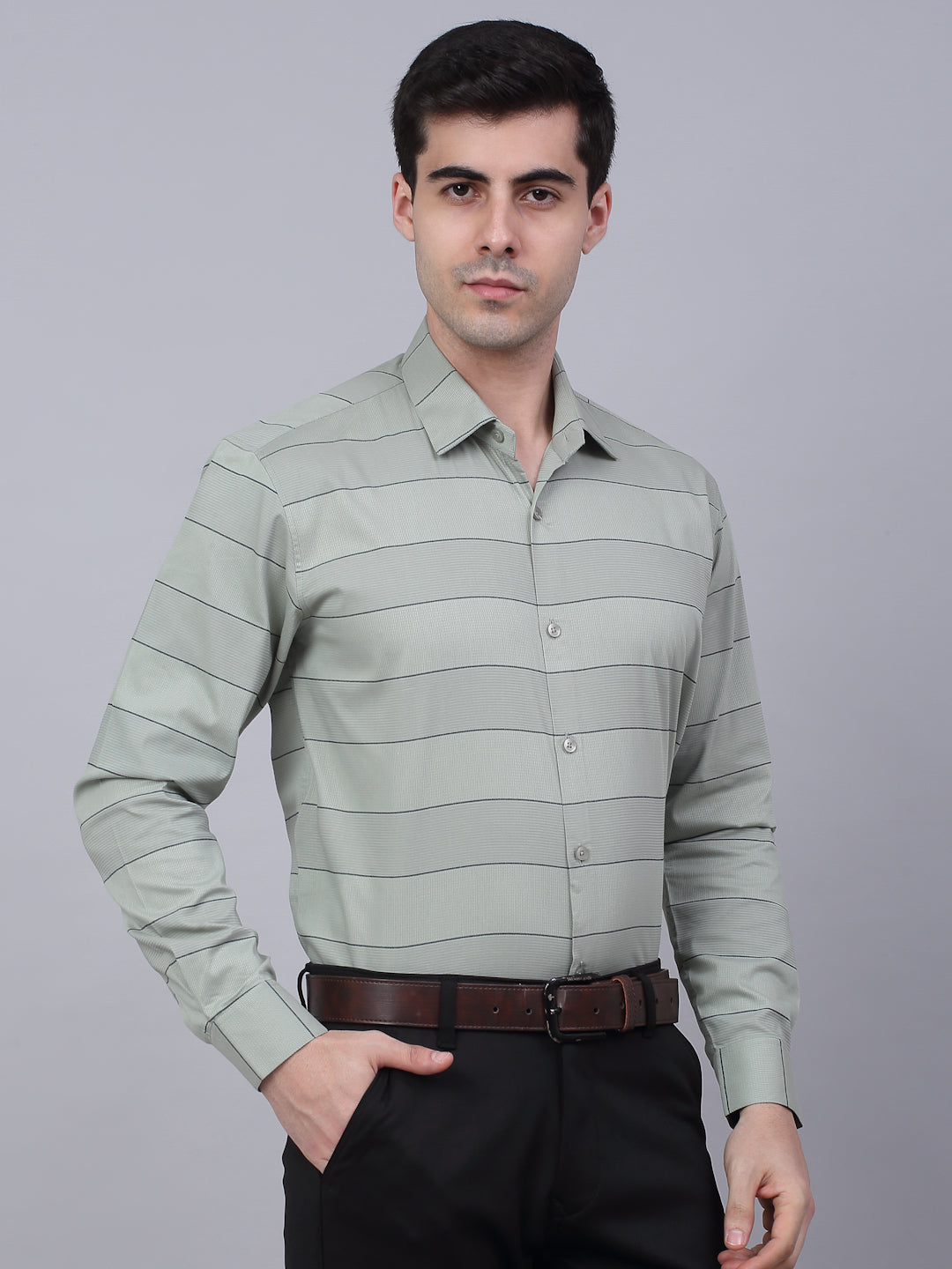 Jainish Men's Pista Green Horizontal Striped Formal Shirt | Grocsy