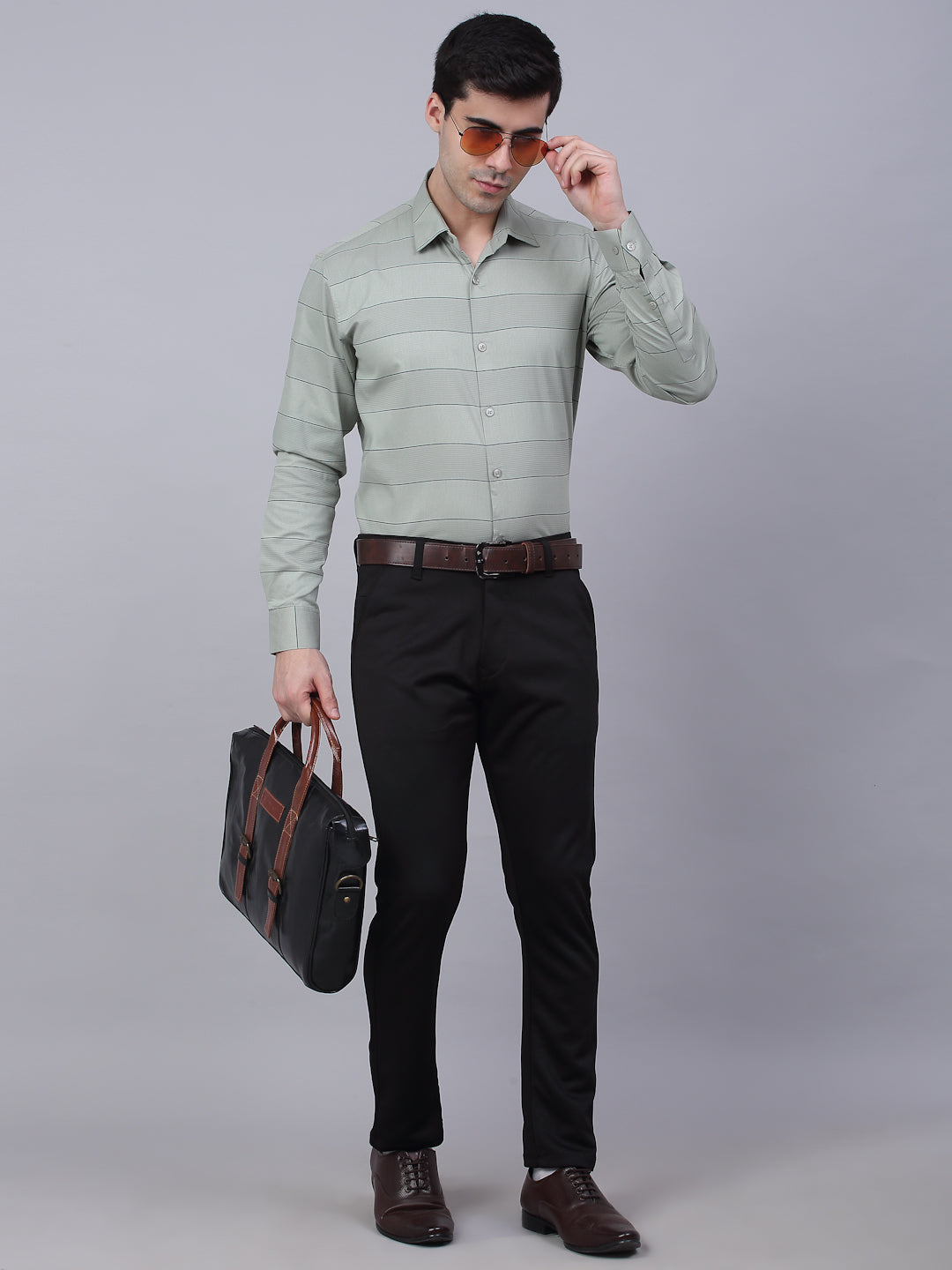 Jainish Men's Pista Green Horizontal Striped Formal Shirt | Grocsy