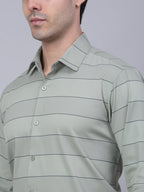 Jainish Men's Pista Green Horizontal Striped Formal Shirt | Grocsy