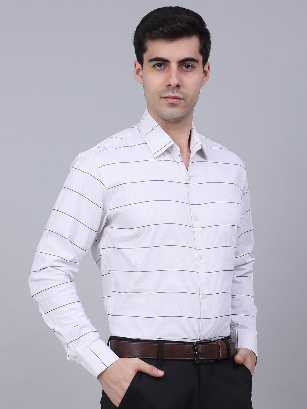 Jainish Men's White Horizontal Striped Formal Shirt | Grocsy