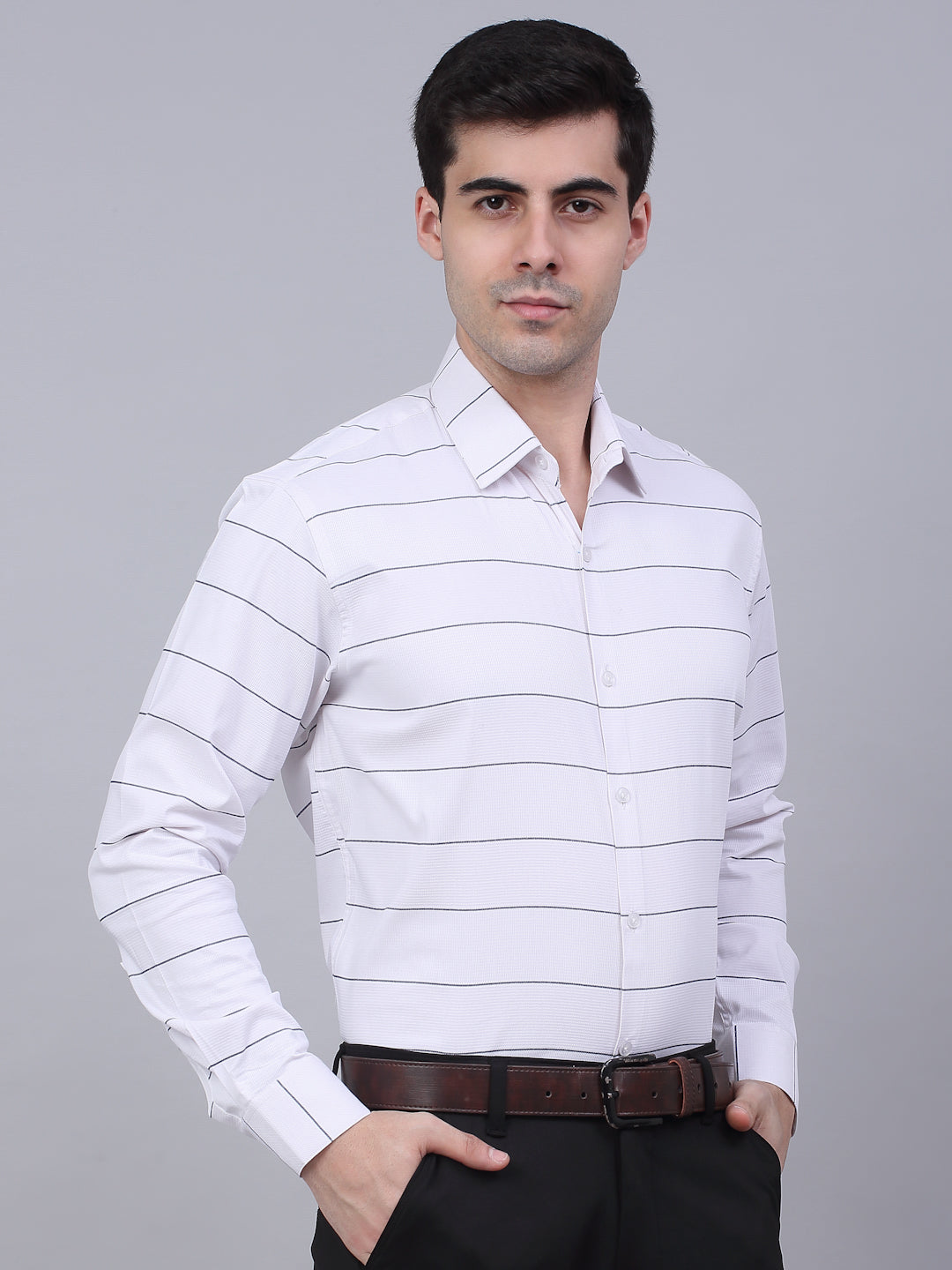 Jainish Men's White Horizontal Striped Formal Shirt | Grocsy