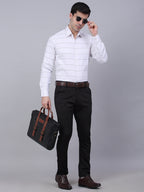Jainish Men's White Horizontal Striped Formal Shirt | Grocsy