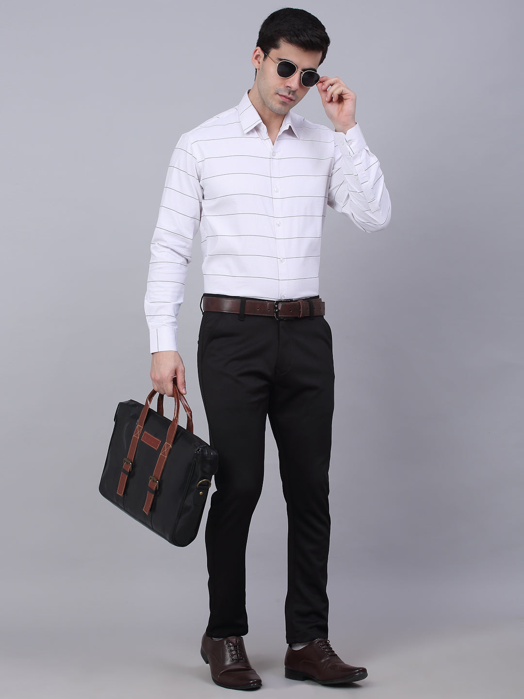 Jainish Men's White Horizontal Striped Formal Shirt | Grocsy
