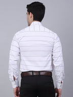 Jainish Men's White Horizontal Striped Formal Shirt | Grocsy