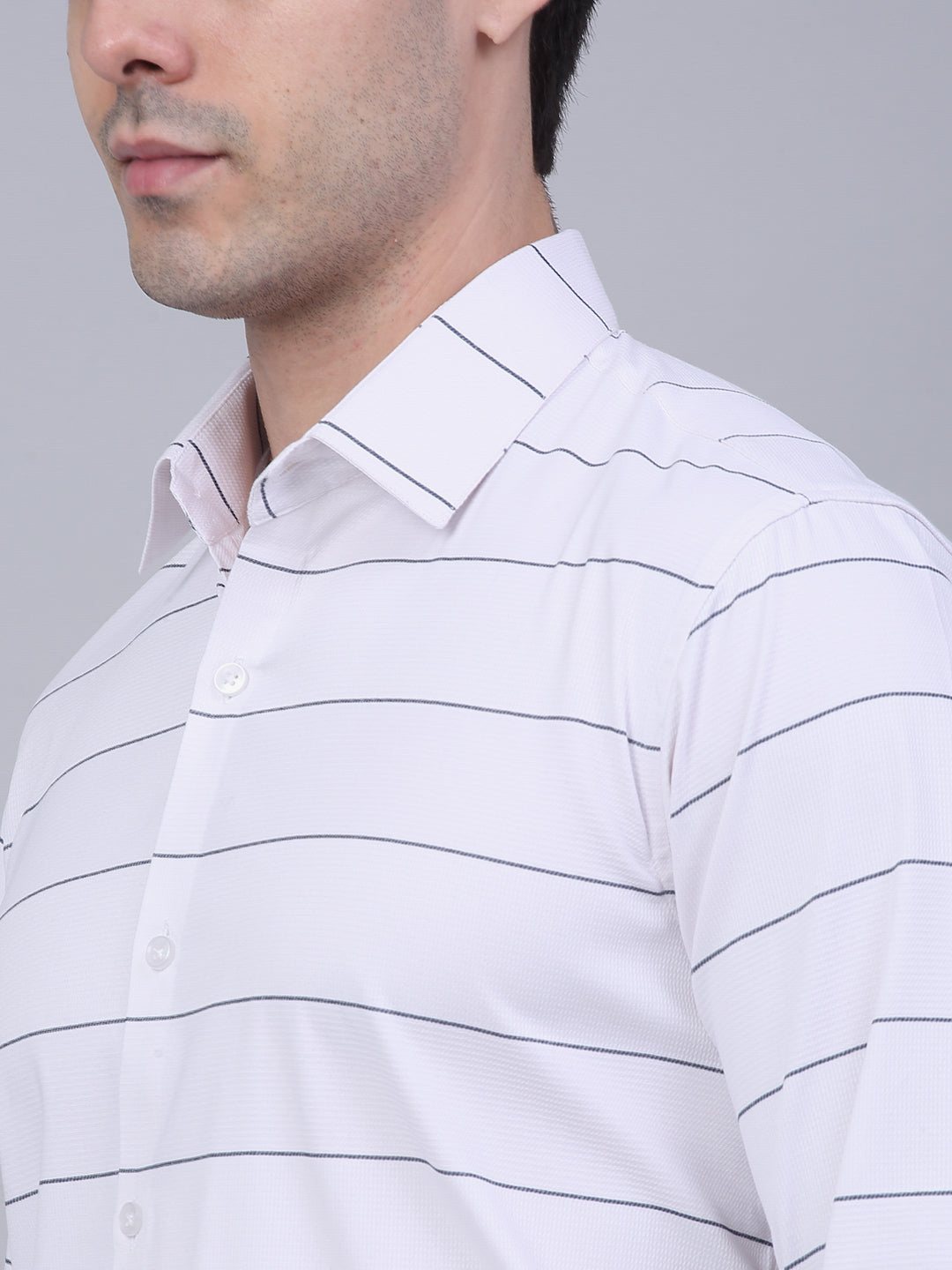 Jainish Men's White Horizontal Striped Formal Shirt | Grocsy