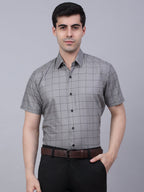 Jainish Men's Cotton Half Sleeve Checked Formal Shirts - Grey | Grocsy