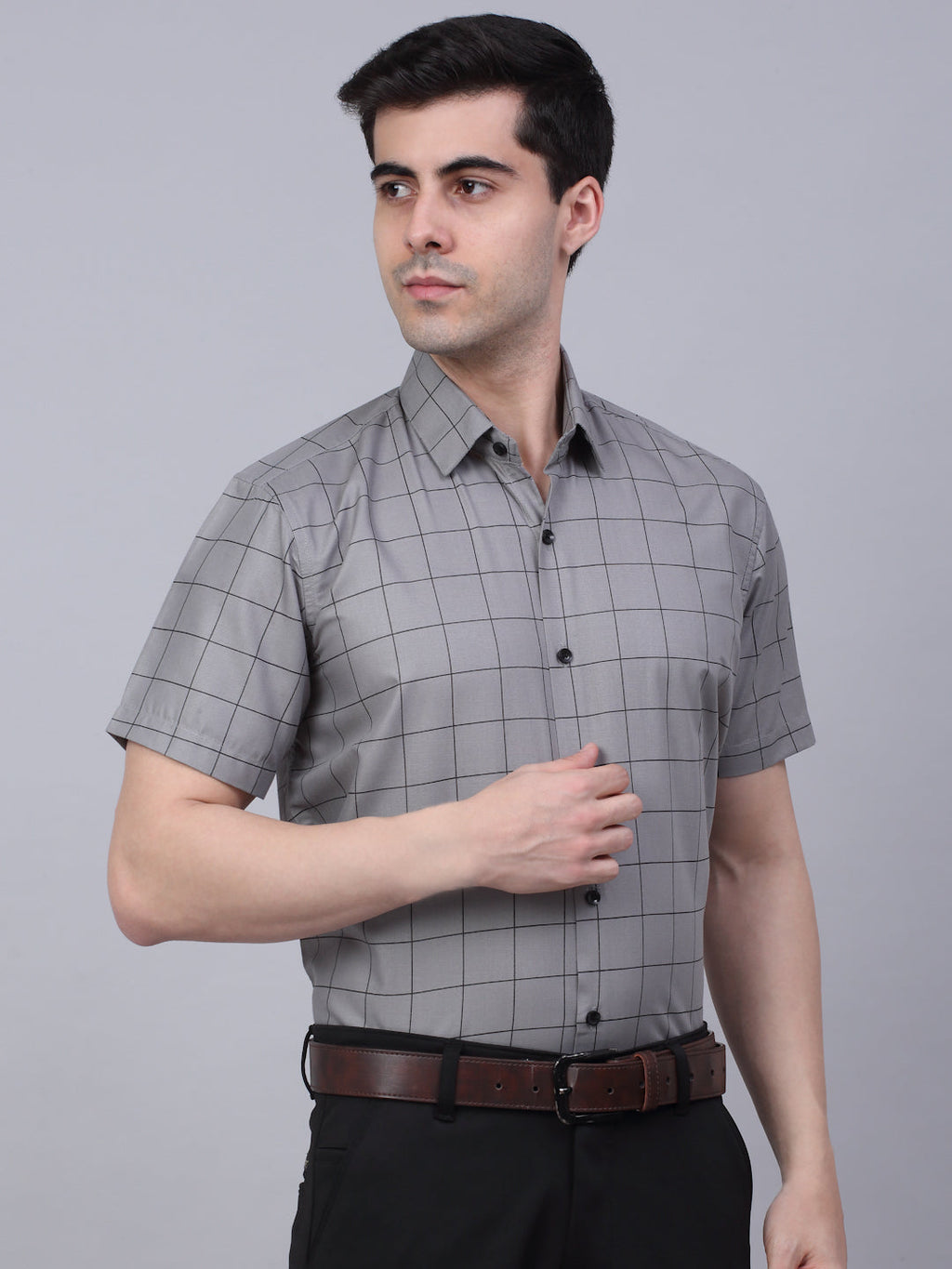 Jainish Men's Cotton Half Sleeve Checked Formal Shirts - Grey | Grocsy