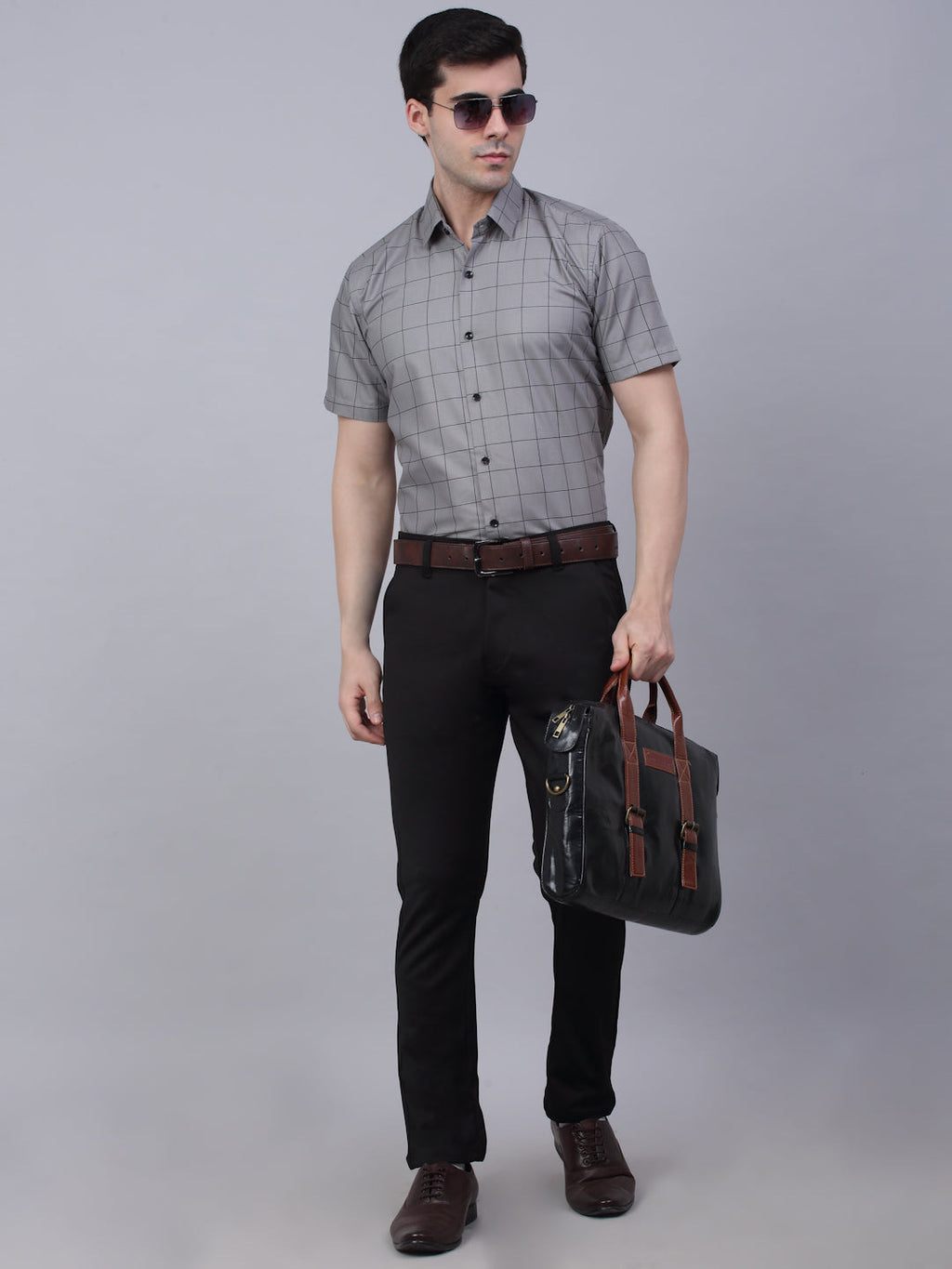 Jainish Men's Cotton Half Sleeve Checked Formal Shirts - Grey | Grocsy