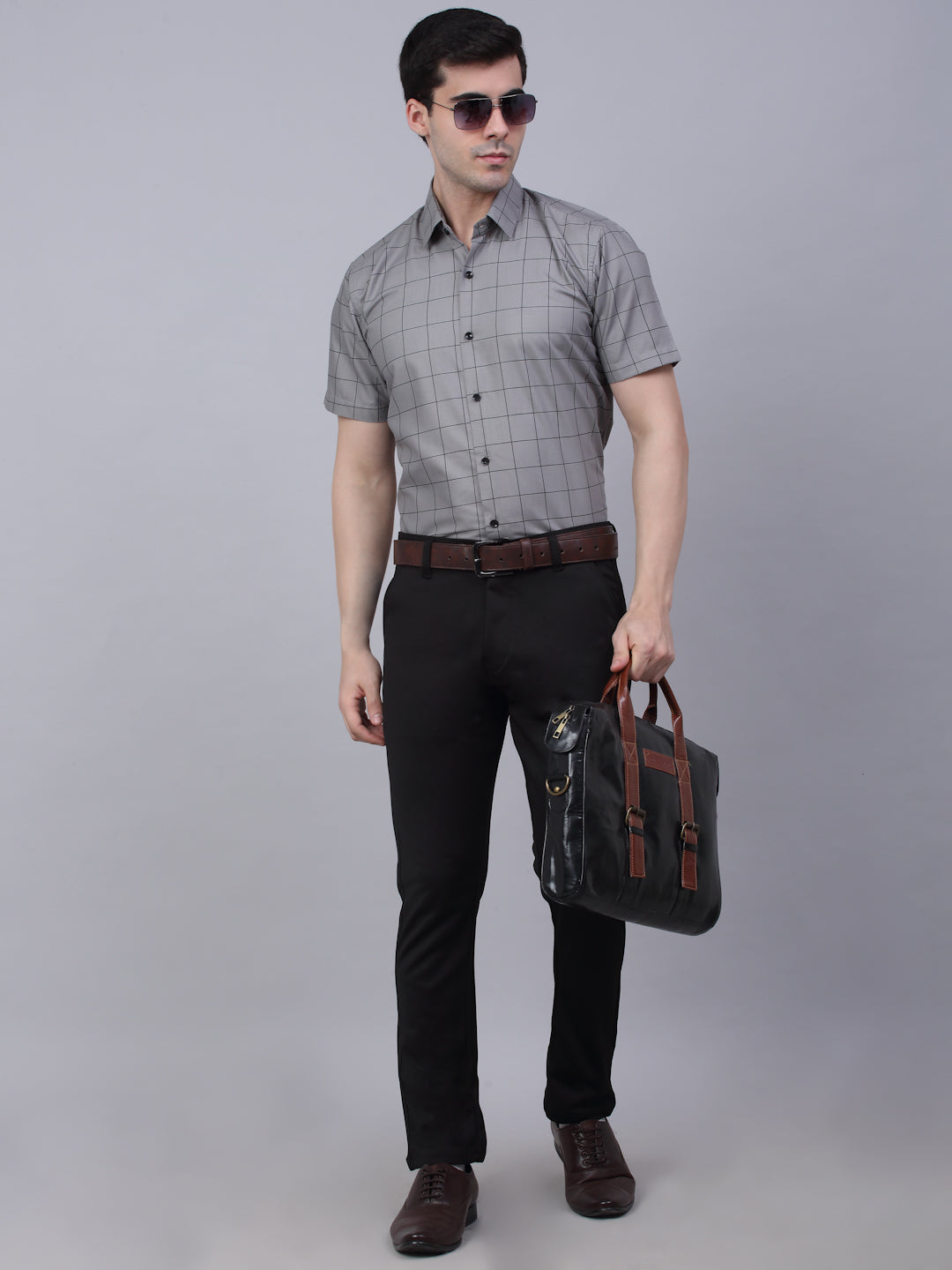 Jainish Men's Cotton Half Sleeve Checked Formal Shirts - Grey | Grocsy