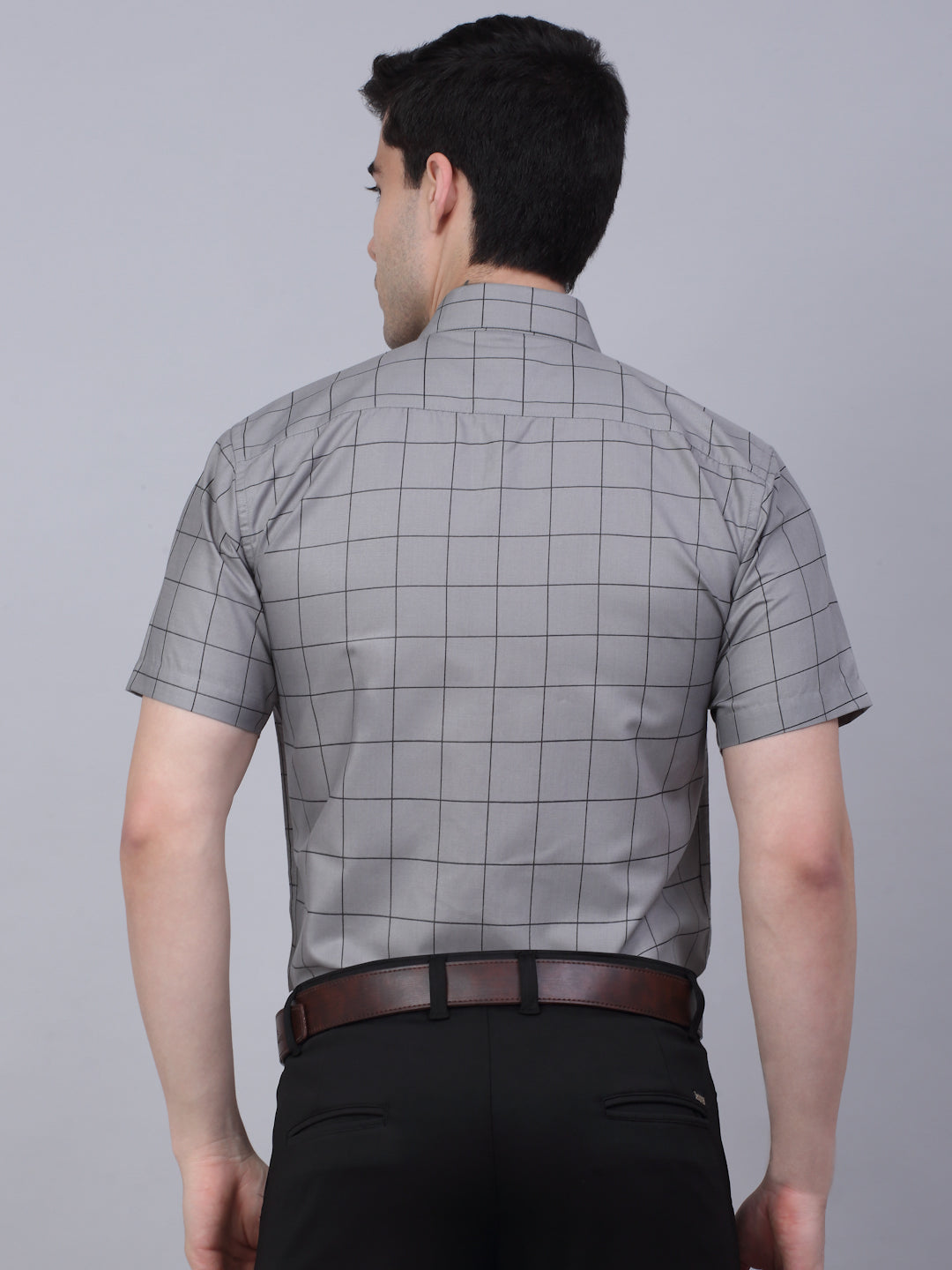 Jainish Men's Cotton Half Sleeve Checked Formal Shirts - Grey | Grocsy