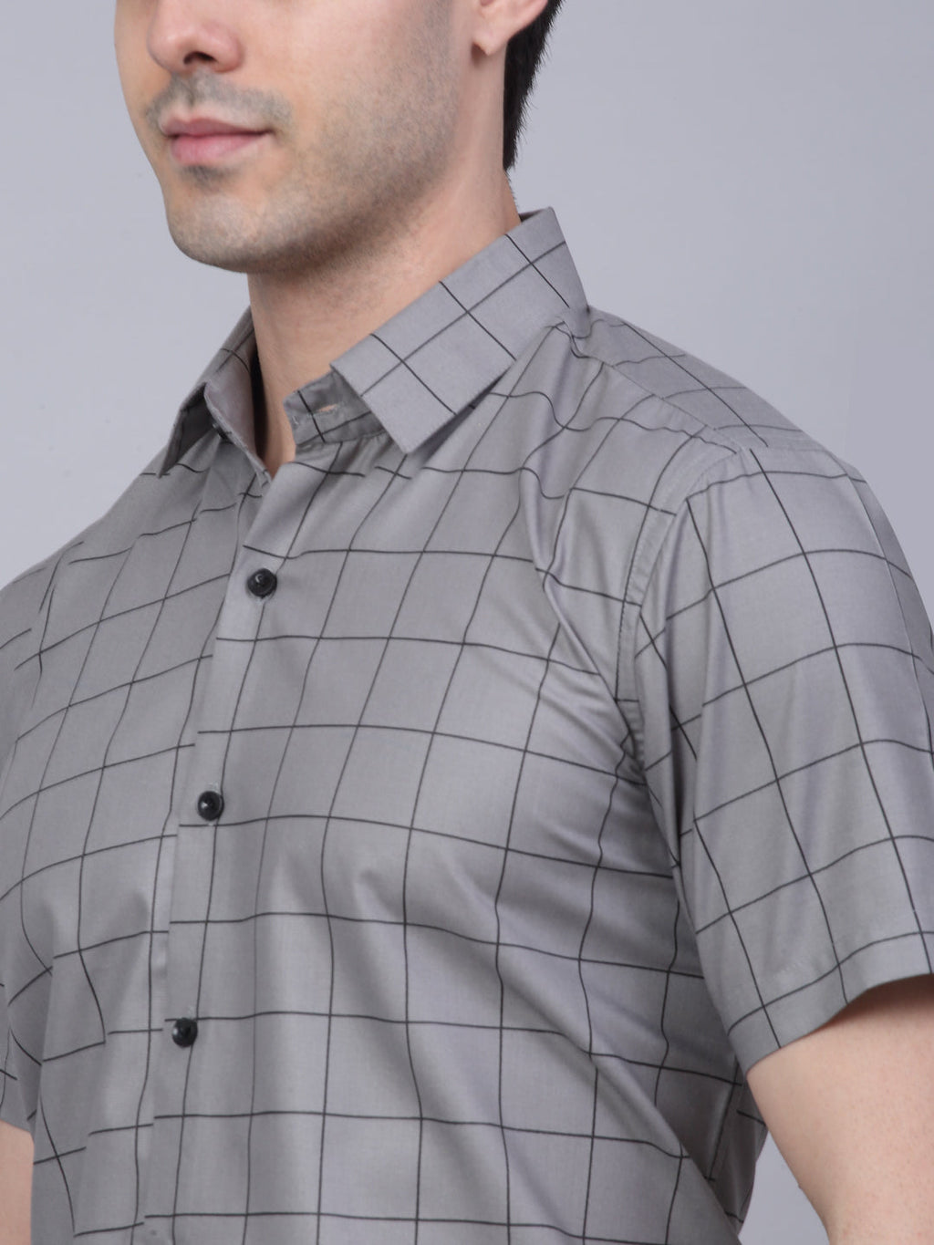 Jainish Men's Cotton Half Sleeve Checked Formal Shirts - Grey | Grocsy
