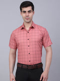 Jainish Men's Cotton Half Sleeve Checked Formal Shirts - Peach | Grocsy