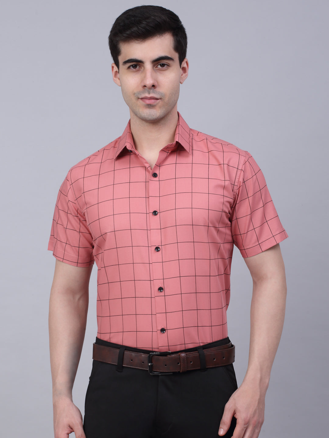 Jainish Men's Cotton Half Sleeve Checked Formal Shirts - Peach | Grocsy