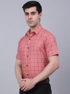 Jainish Men's Cotton Half Sleeve Checked Formal Shirts - Peach | Grocsy