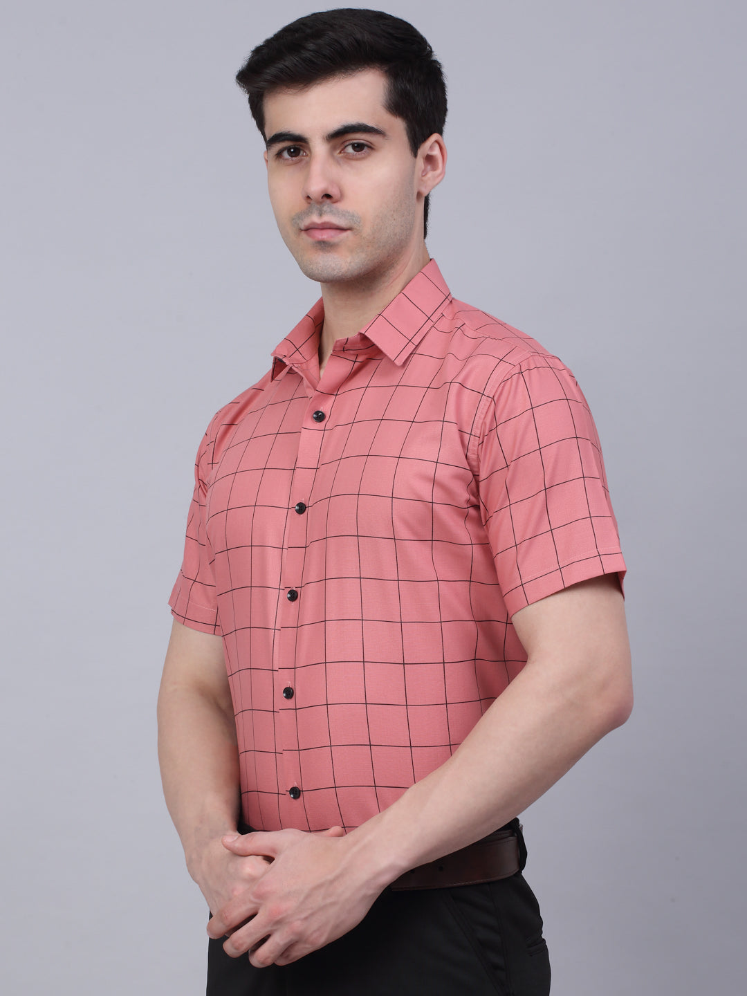 Jainish Men's Cotton Half Sleeve Checked Formal Shirts - Peach | Grocsy