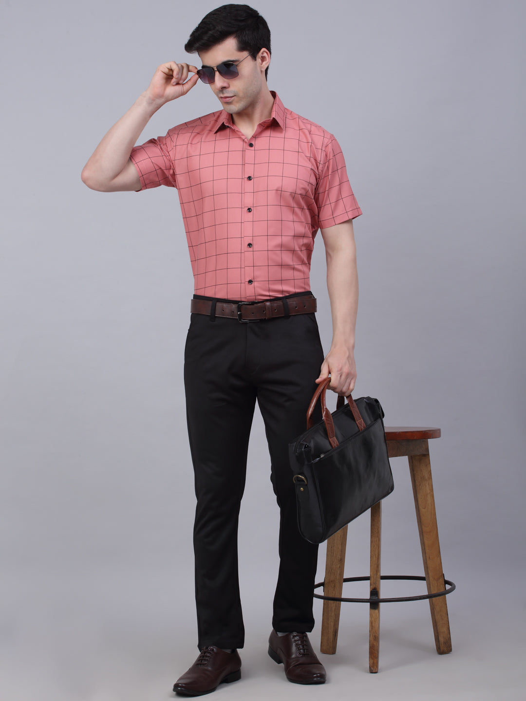 Jainish Men's Cotton Half Sleeve Checked Formal Shirts - Peach | Grocsy