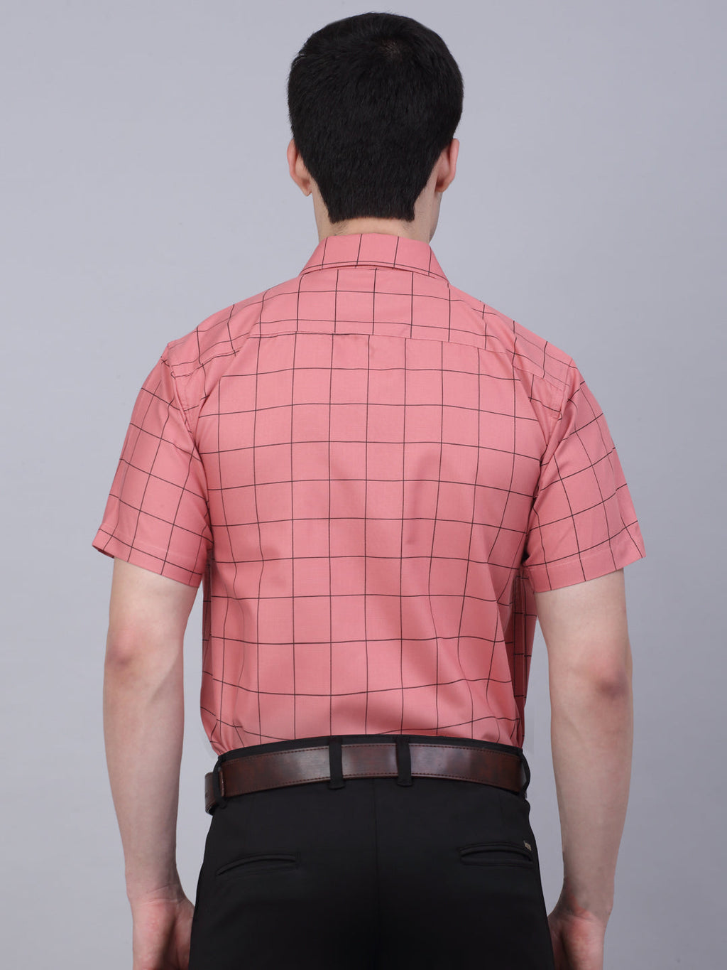 Jainish Men's Cotton Half Sleeve Checked Formal Shirts - Peach | Grocsy