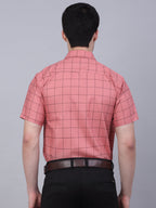Jainish Men's Cotton Half Sleeve Checked Formal Shirts - Peach | Grocsy