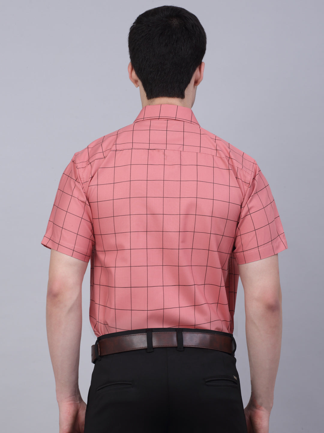 Jainish Men's Cotton Half Sleeve Checked Formal Shirts - Peach | Grocsy