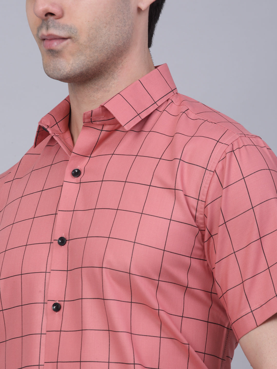 Jainish Men's Cotton Half Sleeve Checked Formal Shirts - Peach | Grocsy