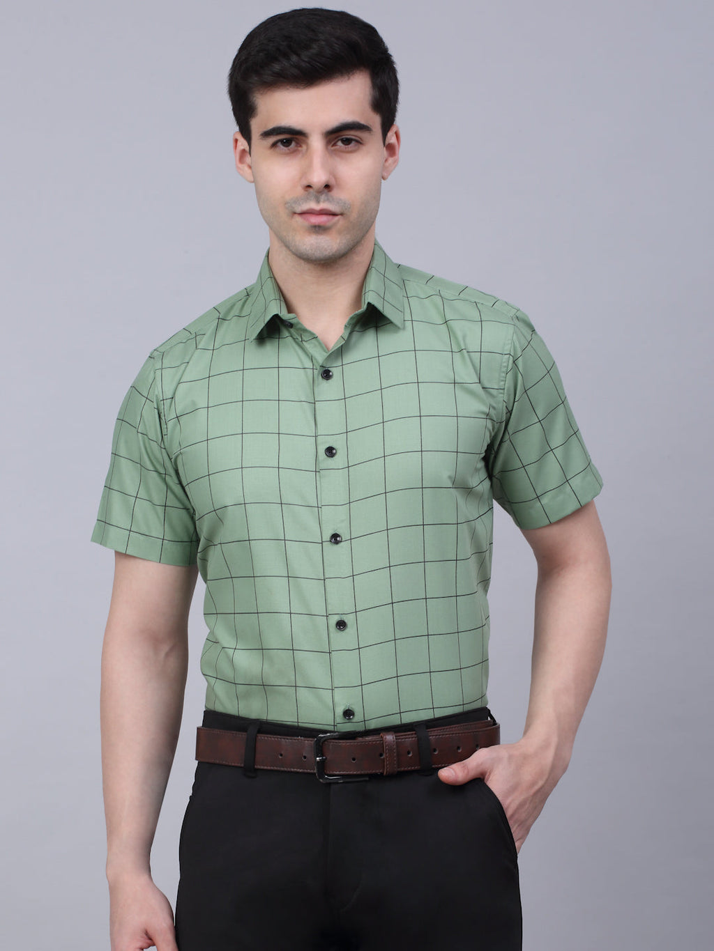 Jainish Men's Cotton Half Sleeve Checked Formal Shirts - Pista | Grocsy