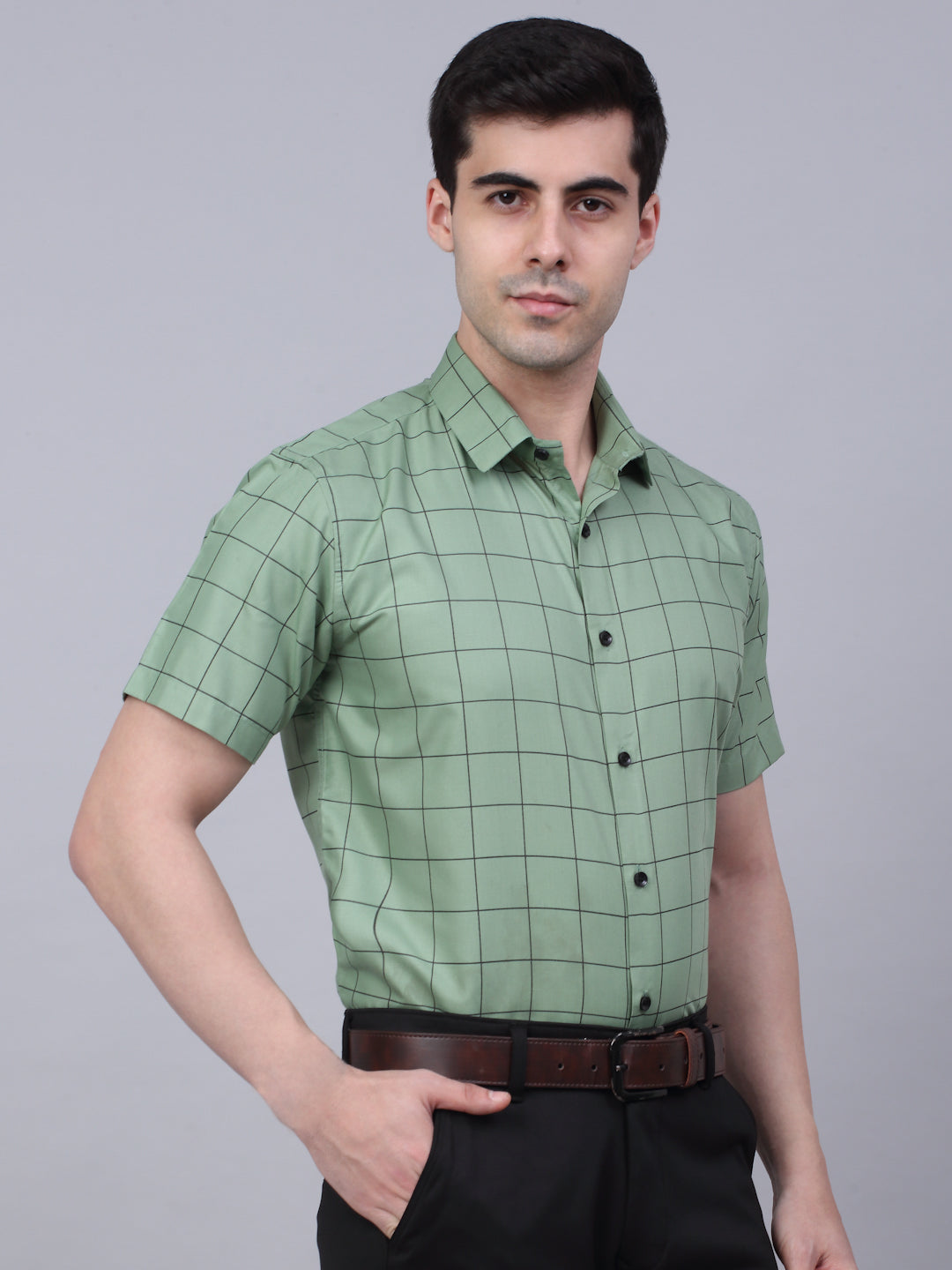 Jainish Men's Cotton Half Sleeve Checked Formal Shirts - Pista | Grocsy
