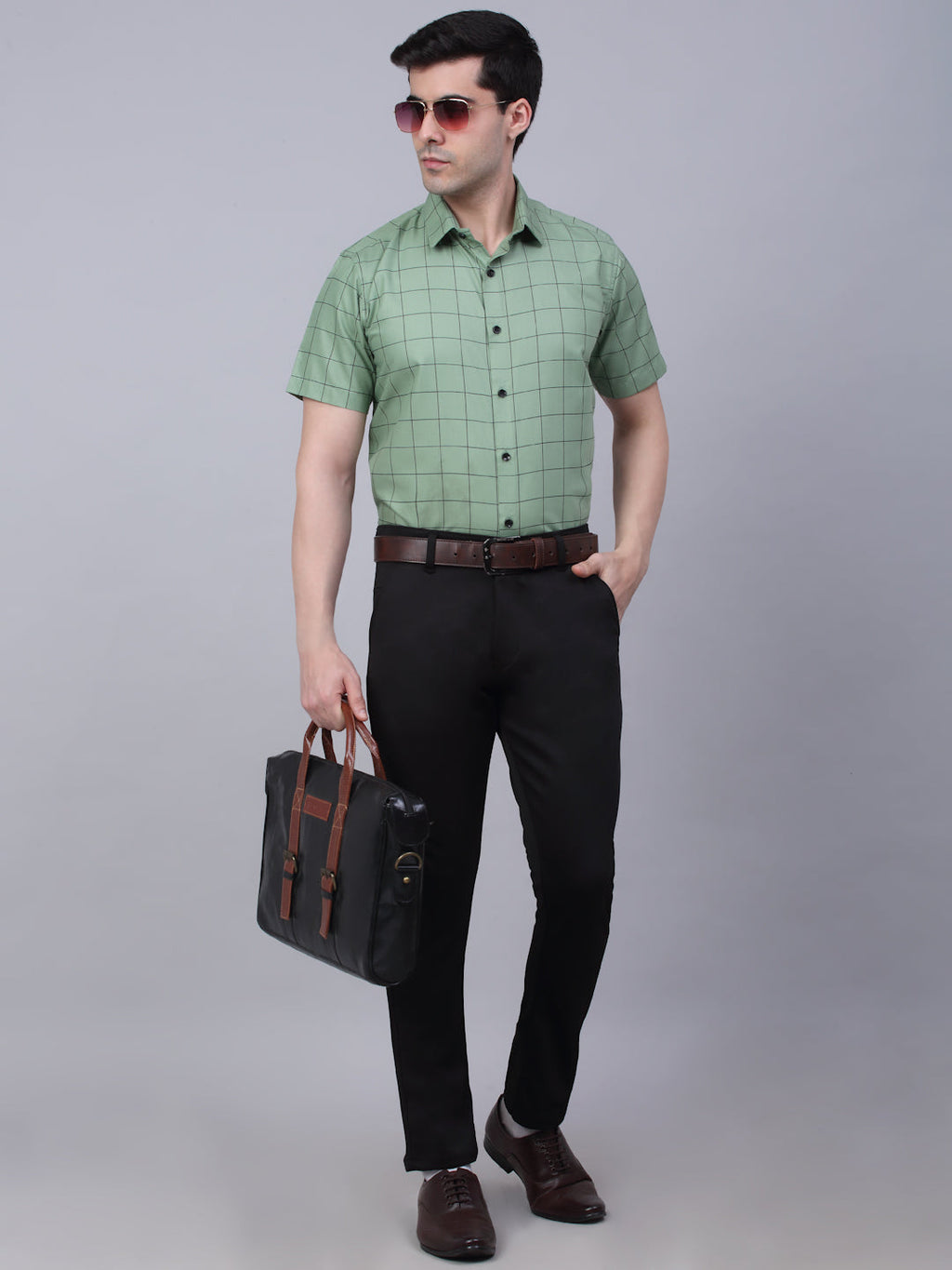Jainish Men's Cotton Half Sleeve Checked Formal Shirts - Pista | Grocsy