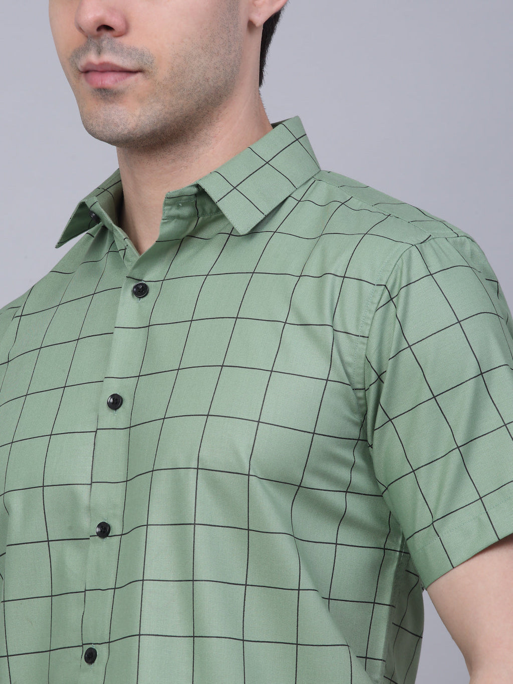Jainish Men's Cotton Half Sleeve Checked Formal Shirts - Pista | Grocsy