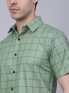 Jainish Men's Cotton Half Sleeve Checked Formal Shirts - Pista | Grocsy