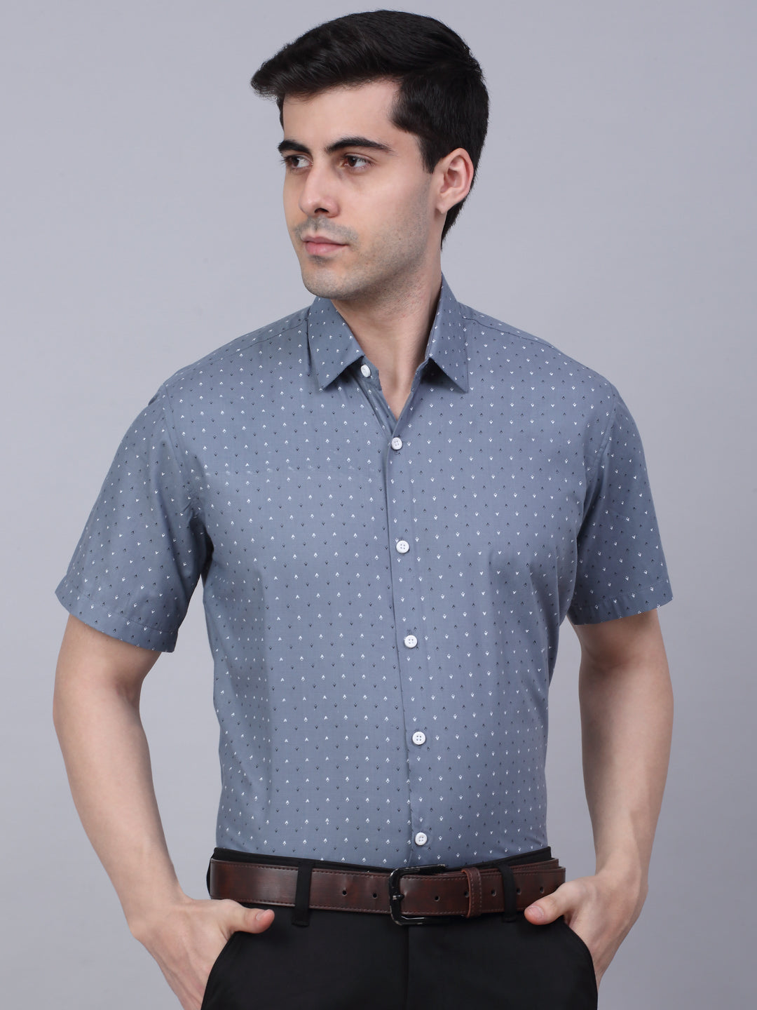 Jainish Men's Cotton Half Sleeve Printed Formal Shirts - Grey | Grocsy