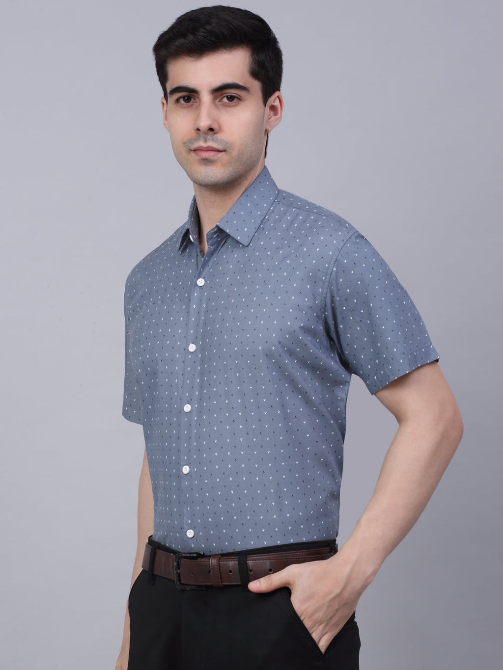 Jainish Men's Cotton Half Sleeve Printed Formal Shirts - Grey | Grocsy