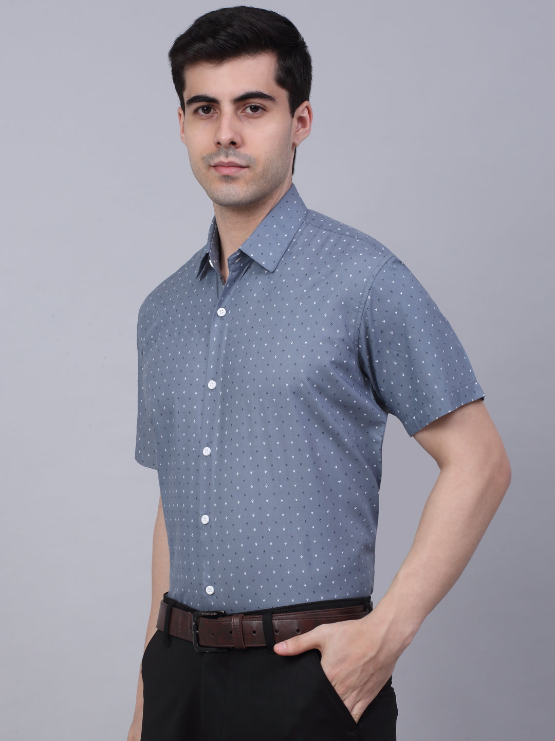 Jainish Men's Cotton Half Sleeve Printed Formal Shirts - Grey | Grocsy