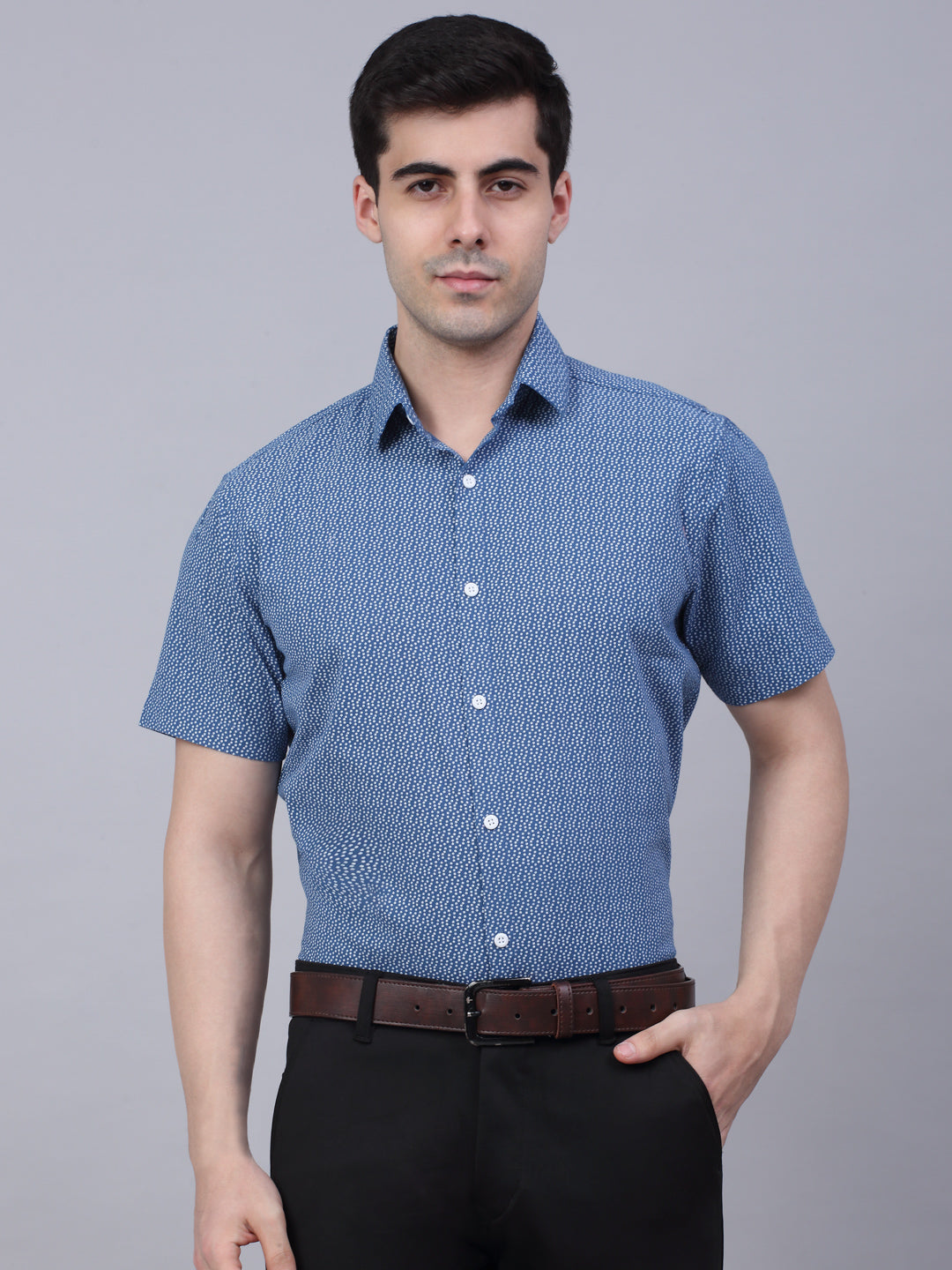 Jainish Men's Cotton Half Sleeve Printed Formal Shirts - Blue | Grocsy