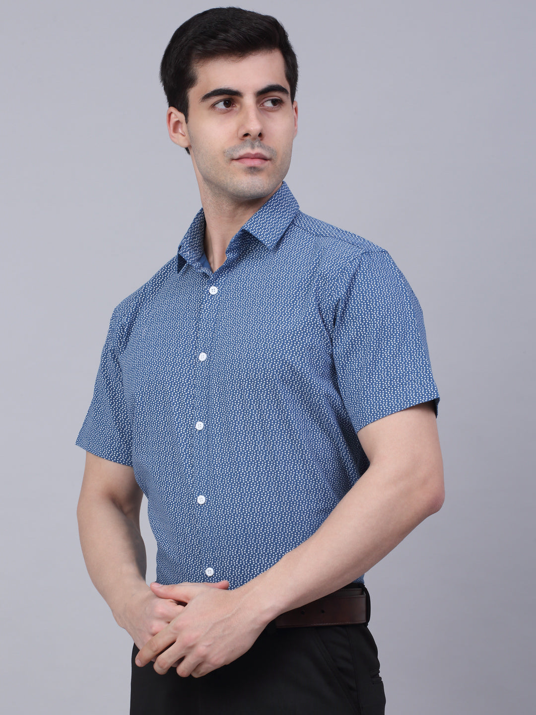 Jainish Men's Cotton Half Sleeve Printed Formal Shirts - Blue | Grocsy