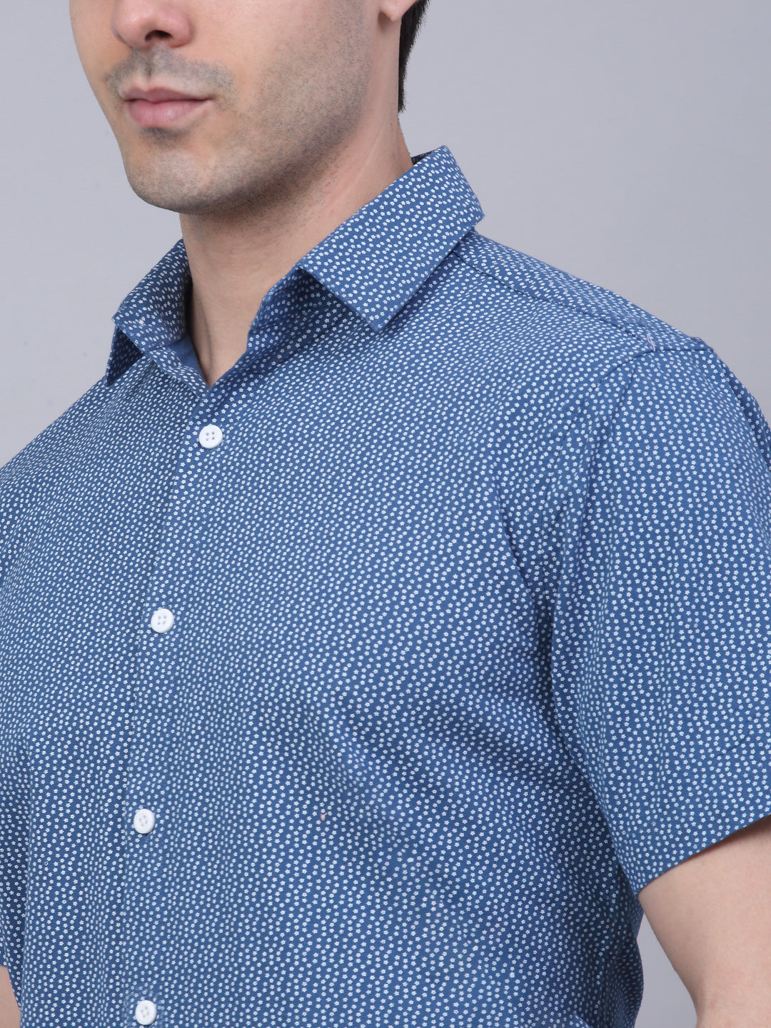 Jainish Men's Cotton Half Sleeve Printed Formal Shirts - Blue | Grocsy