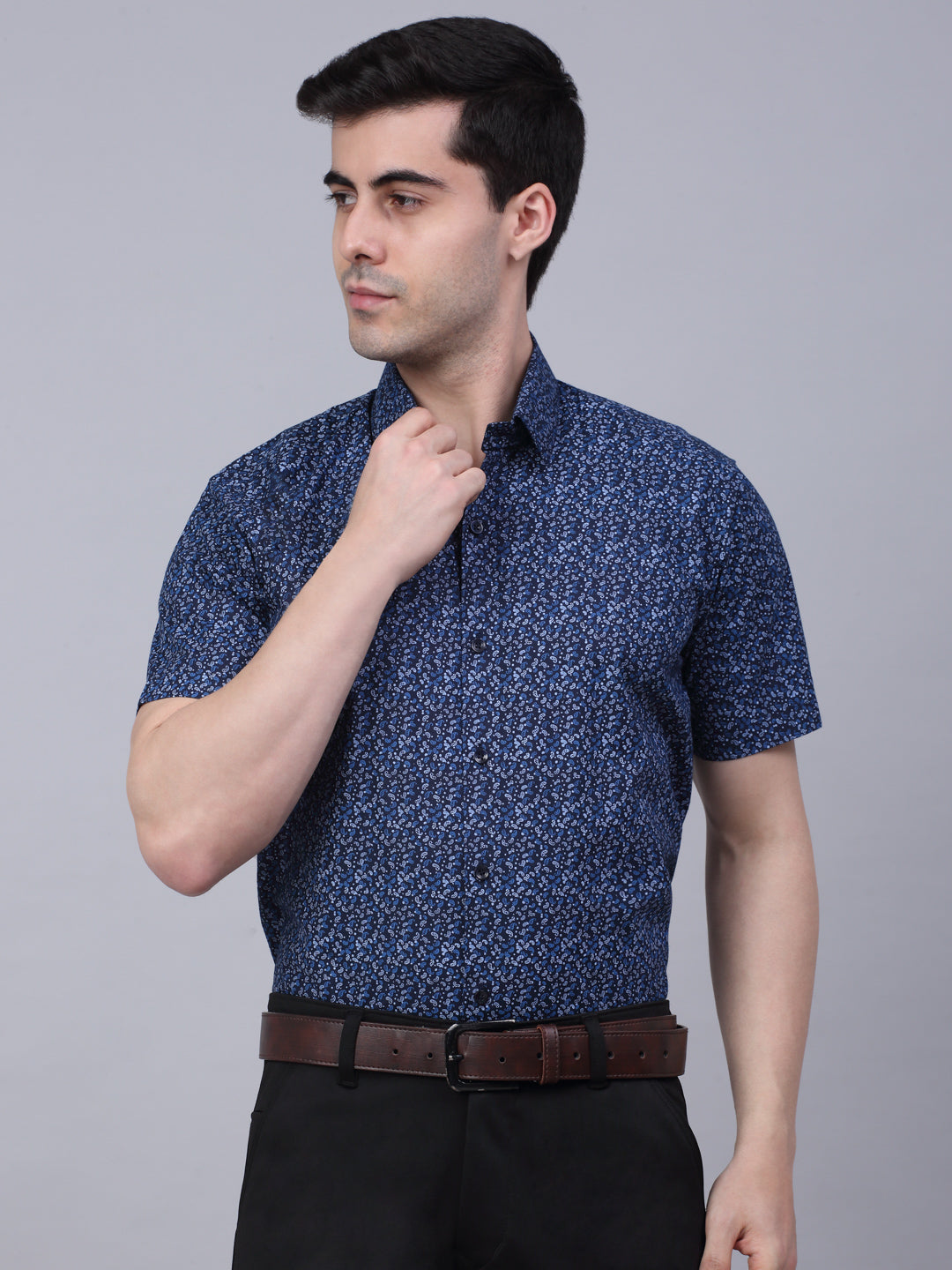 Jainish Men's Cotton Half Sleeve Printed Formal Shirts - Navy Blue | Grocsy